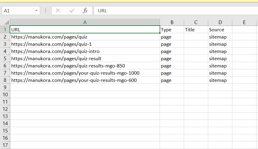 Spreadsheet containing seven exported Manukora quiz URLs with type and source columns