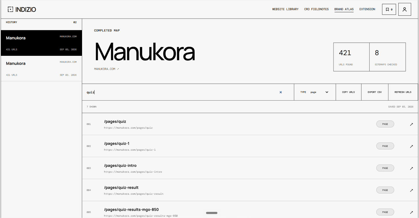 Brand Atlas showing 421 Manukora URLs filtered to seven quiz-related pages